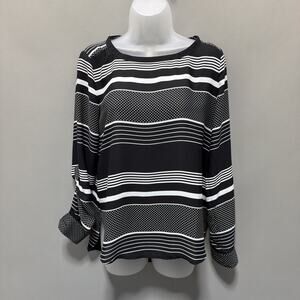Ann Taylor LOFT Blouse Top Size XS Black White Striped Long Adj. Tab Sleeves